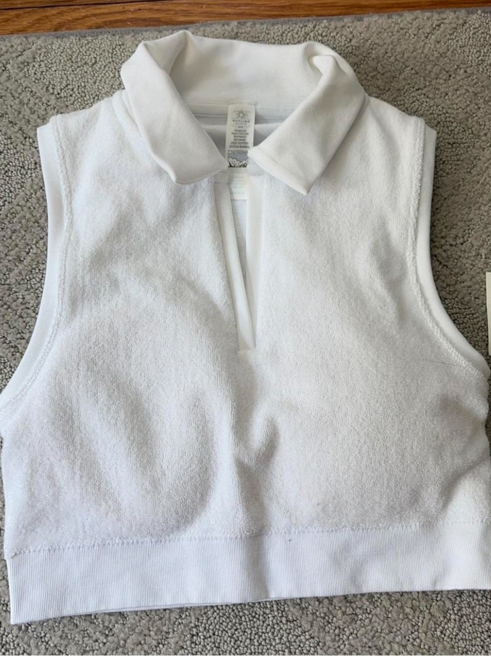 White Sleeveless Collared Terry Crop Top with Front Zip - Picture 3 of 4